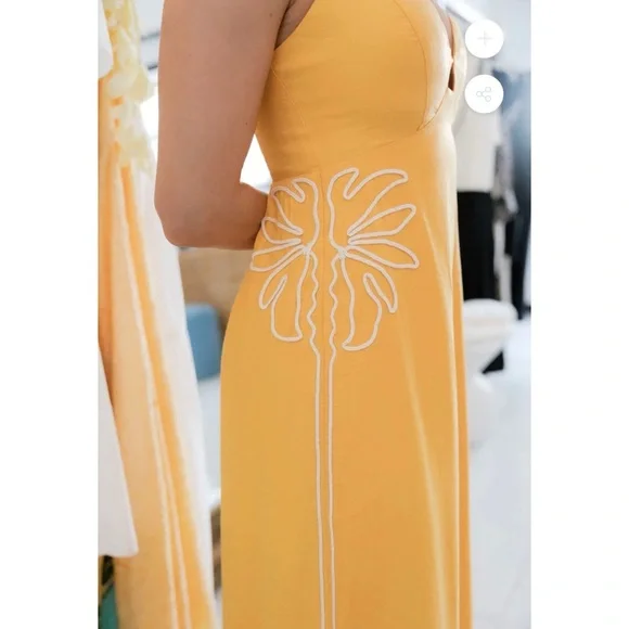 MON RENN scenic dress in mango Yellow Maxi Dress with Floral Detail NEW